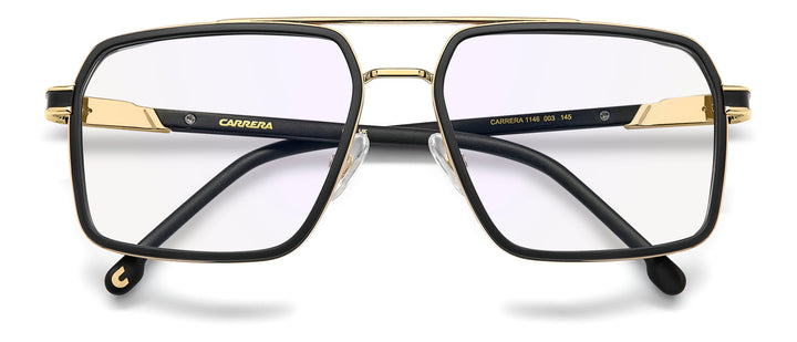 CARRERA 1146 negro mate y dorado, vista frontal con varillas plegadas 