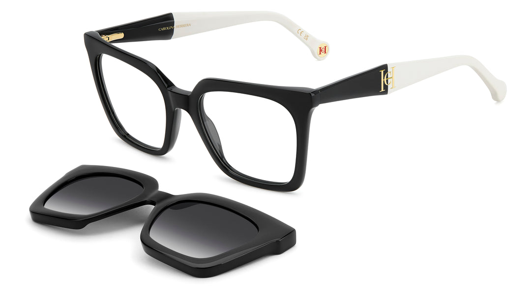 CAROLINA HERRERA HER 0376/C negro y blanco, vista principal de tres cuartos con clip solar separado 