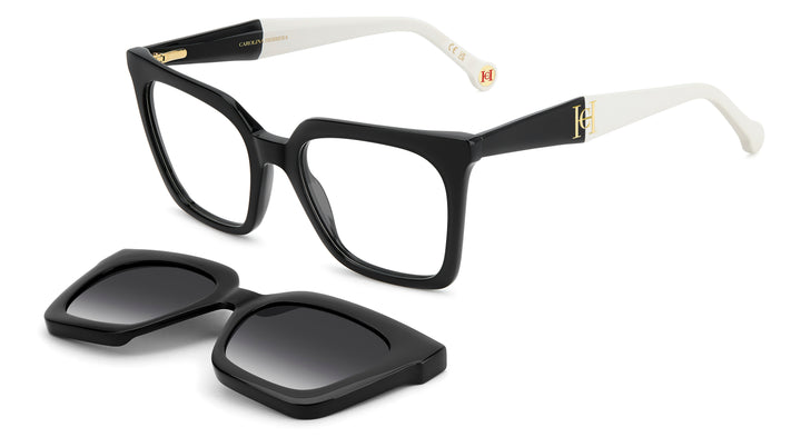 CAROLINA HERRERA HER 0376/C negro y blanco, vista principal de tres cuartos con clip solar separado 