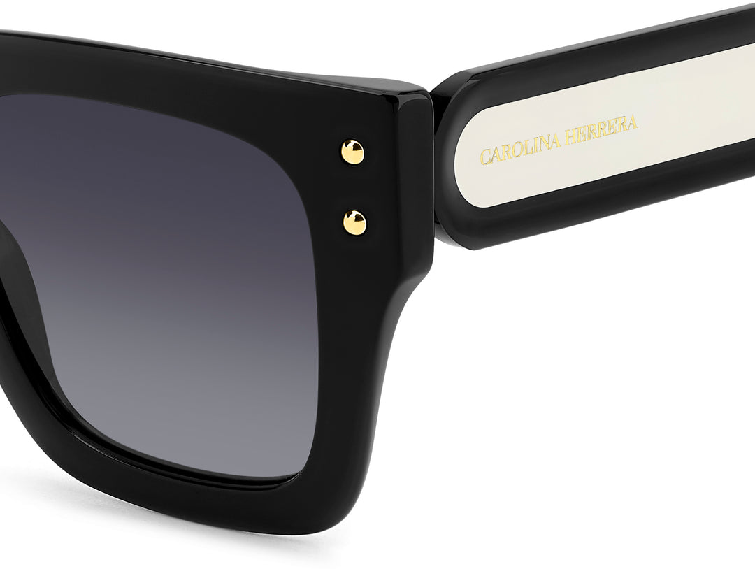 CAROLINA HERRERA HE0255/S negro y blanco, detalle del logotipo y la bisagra 