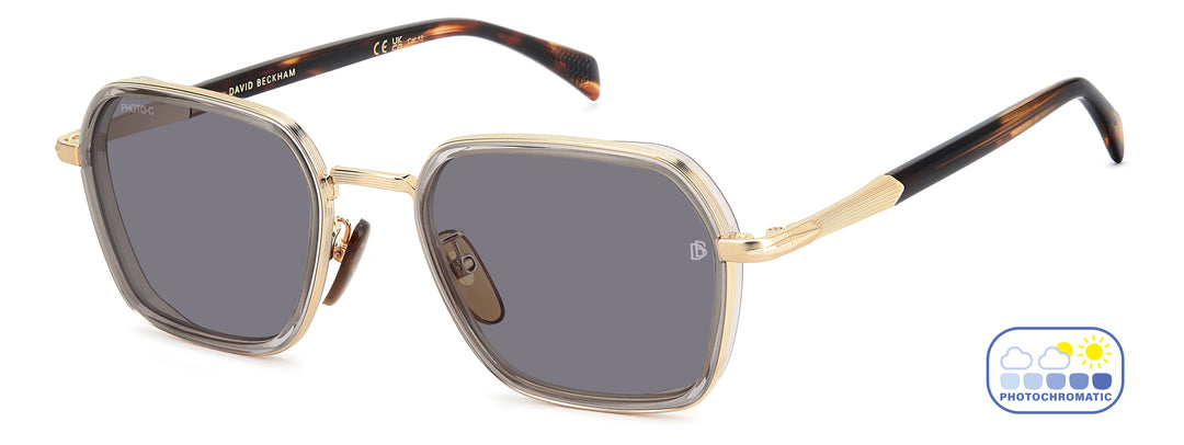 DAVID BECKHAM DB 1194/G/S dorado y gris, vista de tres cuartos con lentes en estado oscuro 