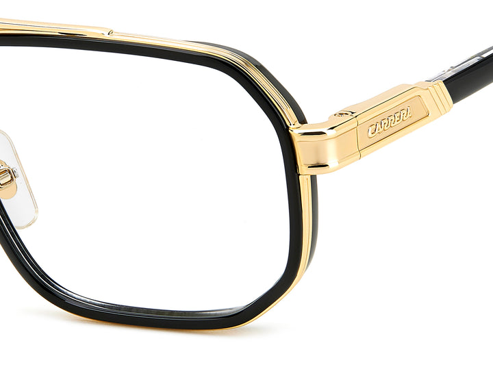 CARRERA CA1137 negro y dorado, detalle del logotipo y la bisagra 