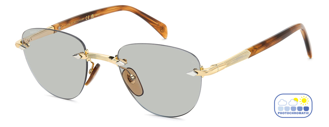 DAVID BECKHAM DB 1224/S dorado y marrón veteado, vista principal de tres cuartos con lentes en estado claro 