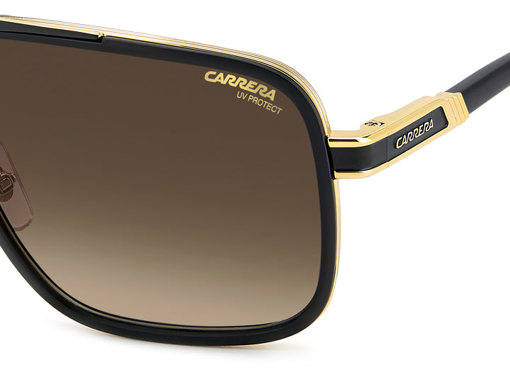 CARRERA CA1071/S negro mate y dorado, detalle del logotipo y la bisagra 