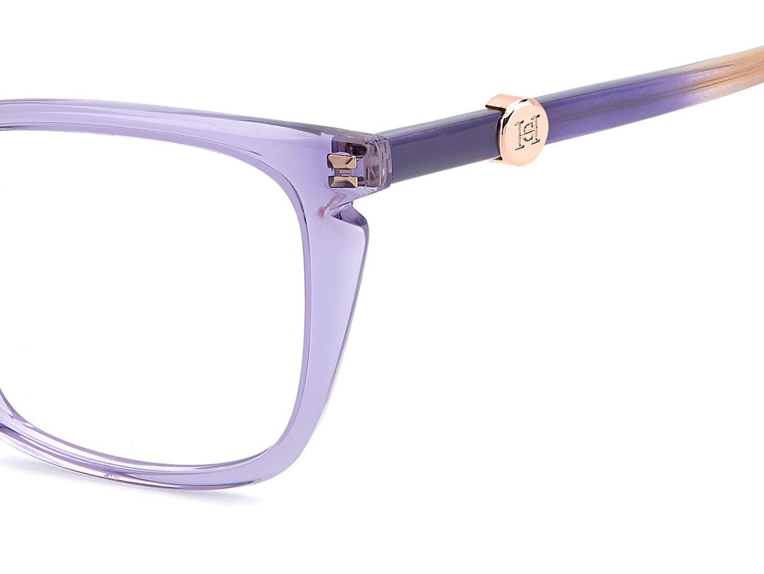 CAROLINA HERRERA HER 0387 lila, detalle del logotipo y la bisagra 