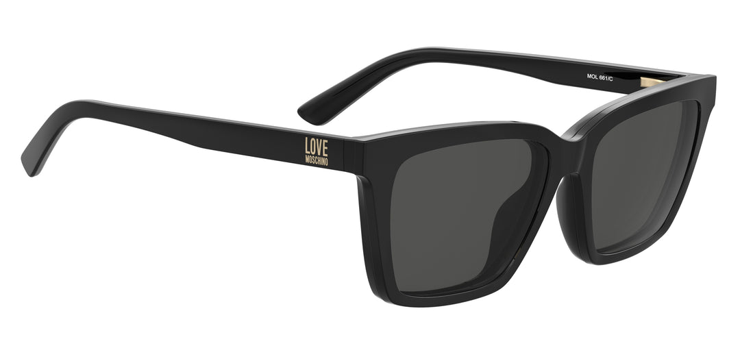 LOVE MOSCHINO MOL661/C negro, ángulo alternativo con clip solar montado 