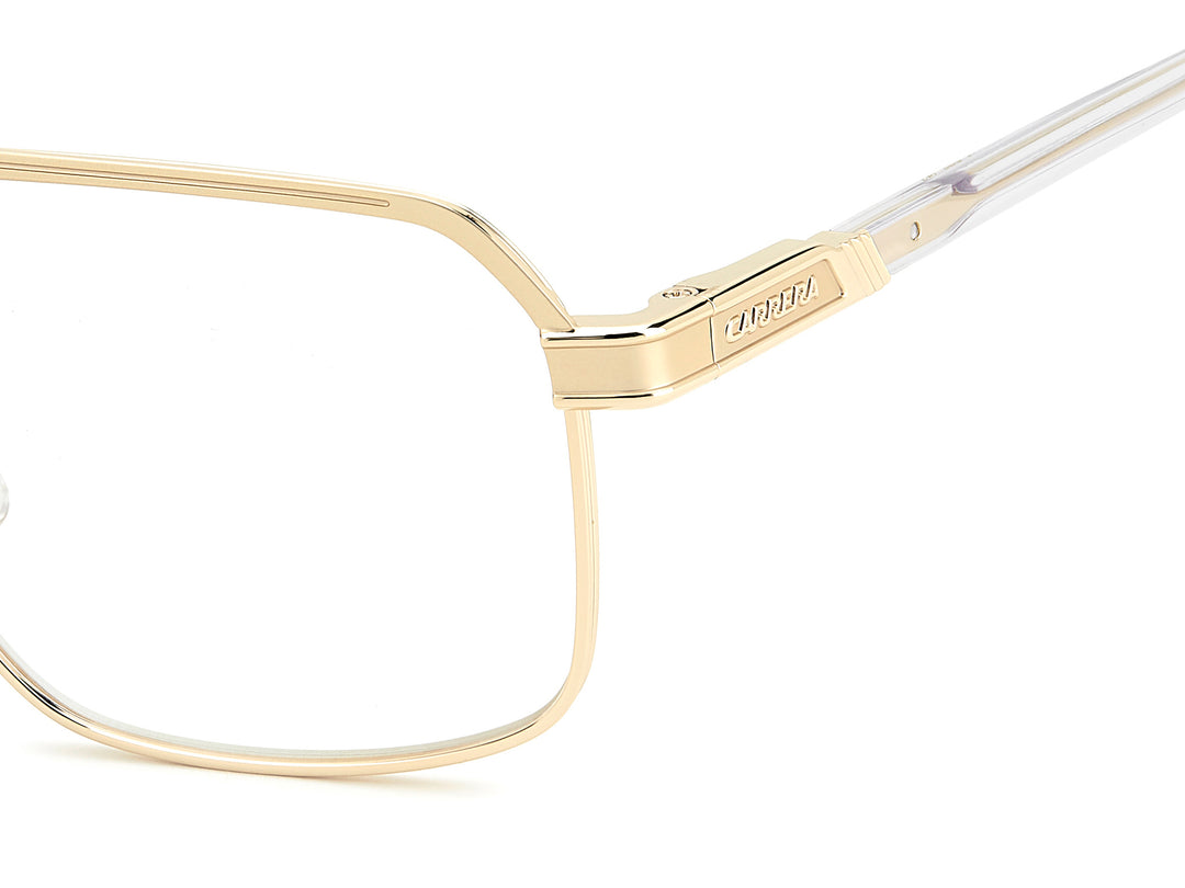 CARRERA 1145 dorado y transparente, detalle del logotipo y la bisagra 