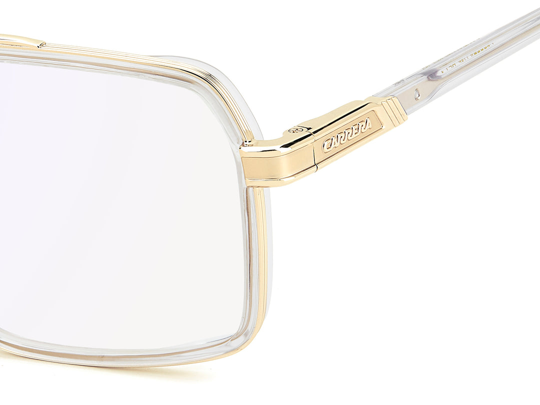 CARRERA 1146 transparente y dorado, detalle del logotipo y la bisagra 