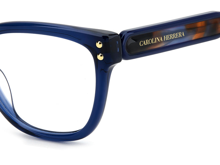 CAROLINA HERRERA HE0317/G azul, detalle del logotipo y la bisagra 