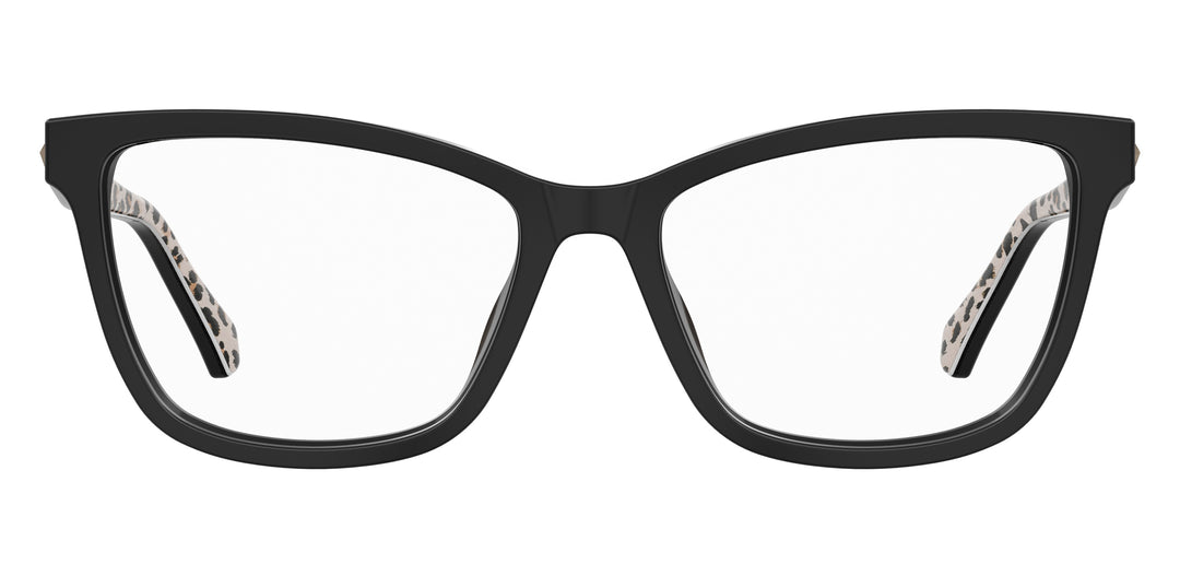 LOVE MOSCHINO MOL632 negro con varillas estampadas, vista frontal con varillas abiertas 