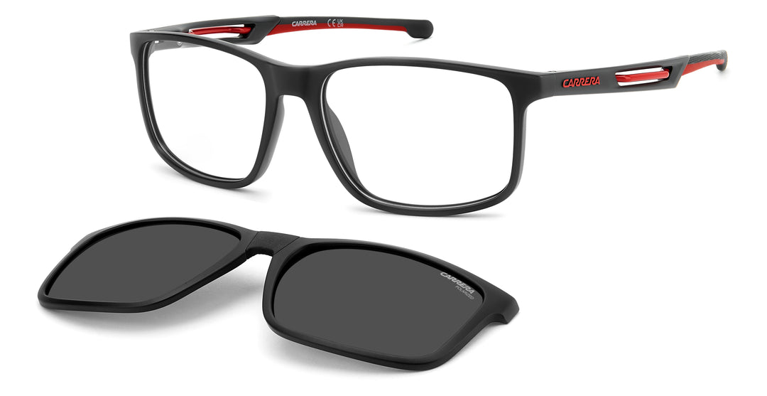 CARRERA CA 8933/C negro mate y rojo, vista principal de tres cuartos con clip solar separado 