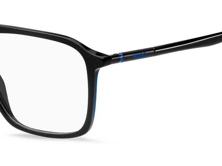 HUGO HG1352 negro con detalles azules, detalle del logotipo y la bisagra 