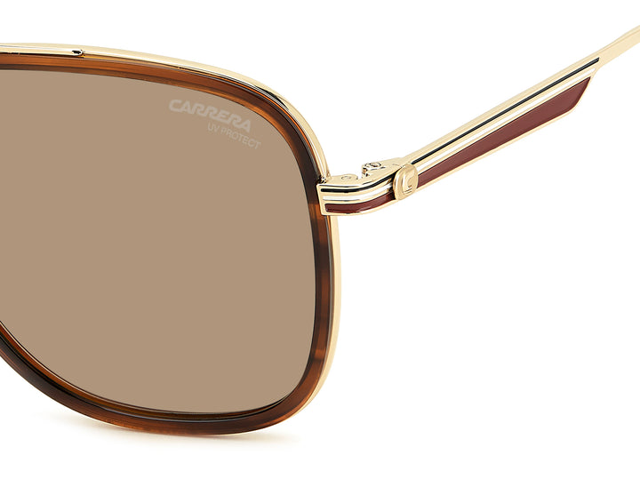 CARRERA 3089/S marrón veteado, detalle del logotipo y la bisagra 