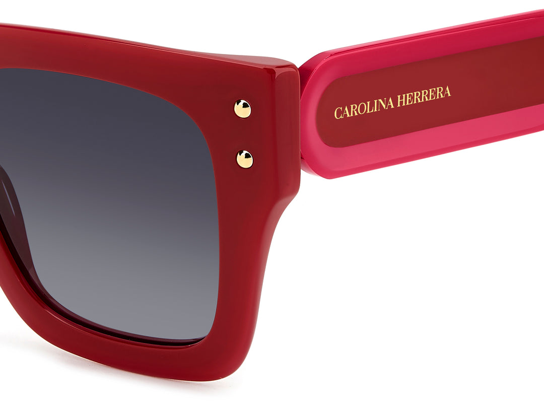 CAROLINA HERRERA HE0255/S rojo, detalle del logotipo y la bisagra 