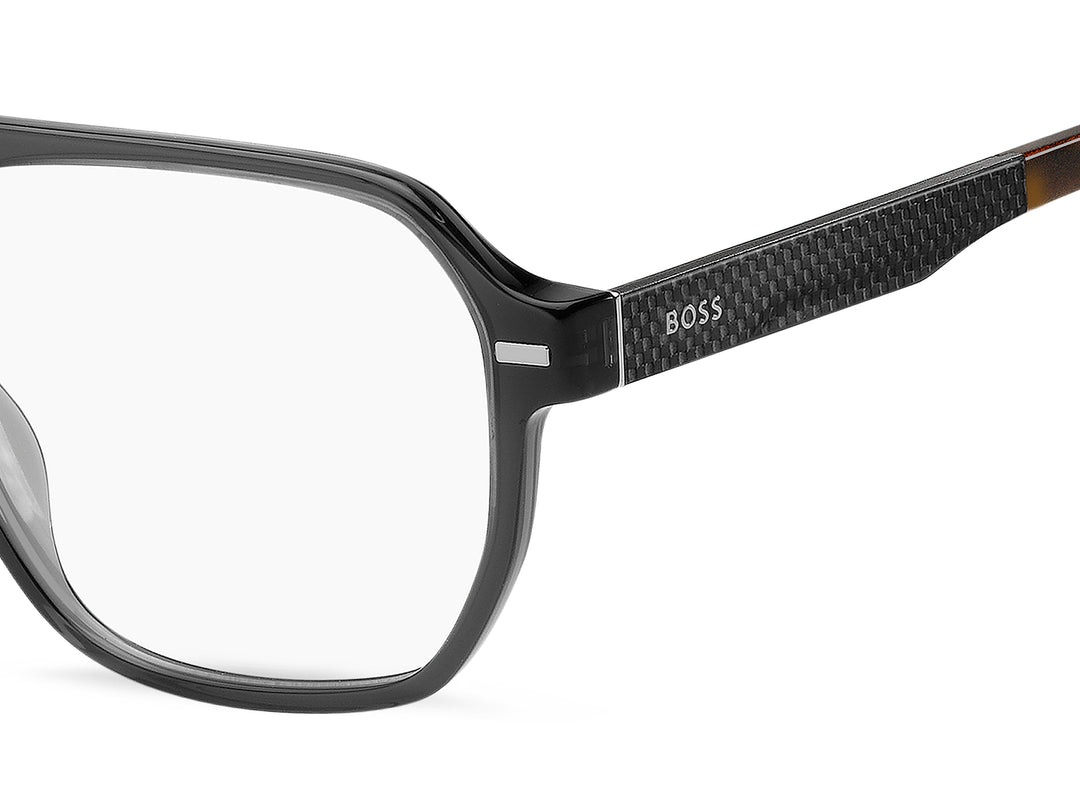 BOSS 1843 gris y havana, detalle del logotipo y la bisagra 