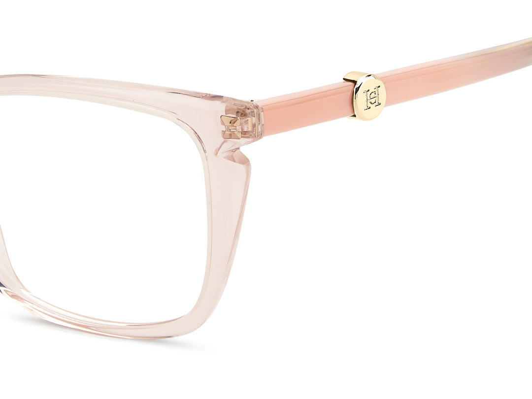CAROLINA HERRERA HER 0387 beige nude, detalle del logotipo y la bisagra 