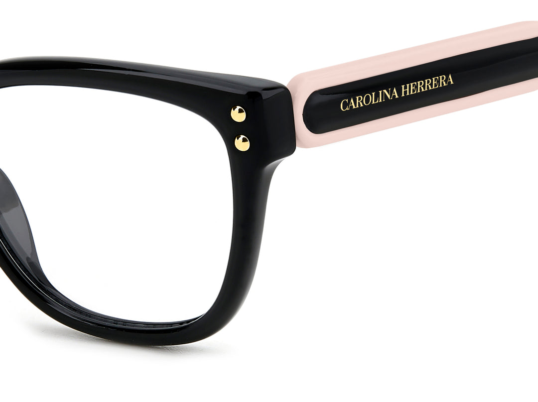 CAROLINA HERRERA HE0317/G negro y rosa, detalle del logotipo y la bisagra 