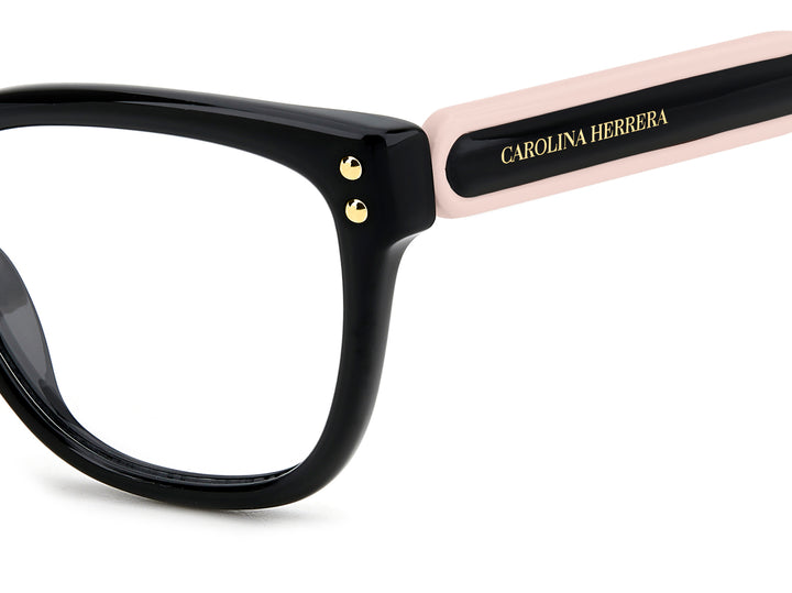 CAROLINA HERRERA HE0317/G negro y rosa, detalle del logotipo y la bisagra 