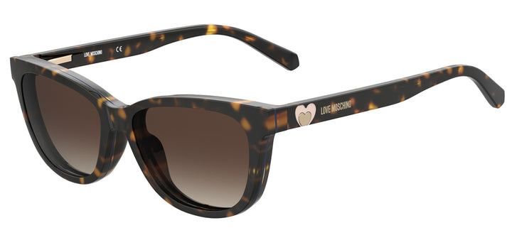 LOVE MOSCHINO MOL052/CS havana, vista principal de tres cuartos con clip solar montado 