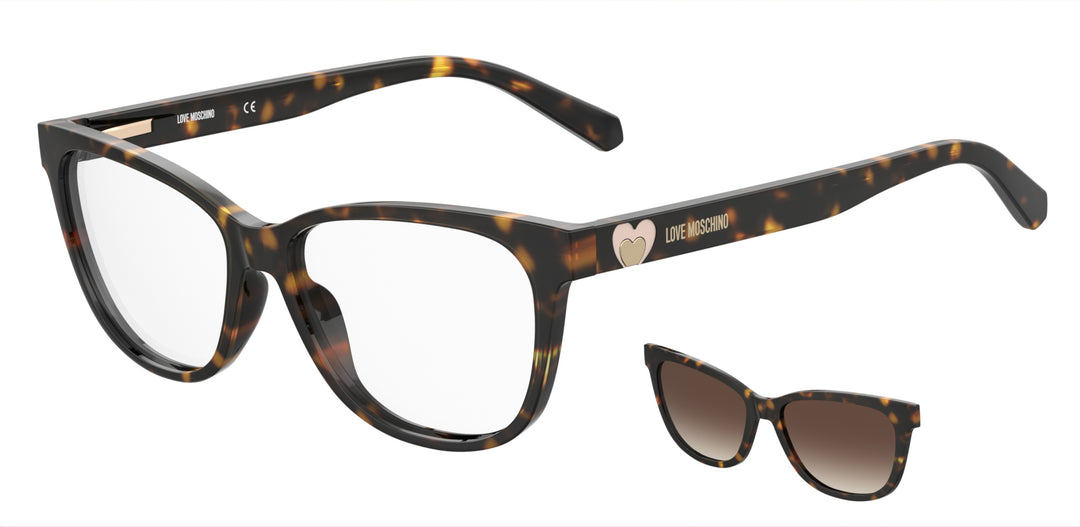 LOVE MOSCHINO MOL052/CS havana, vista de tres cuartos con clip solar separado 