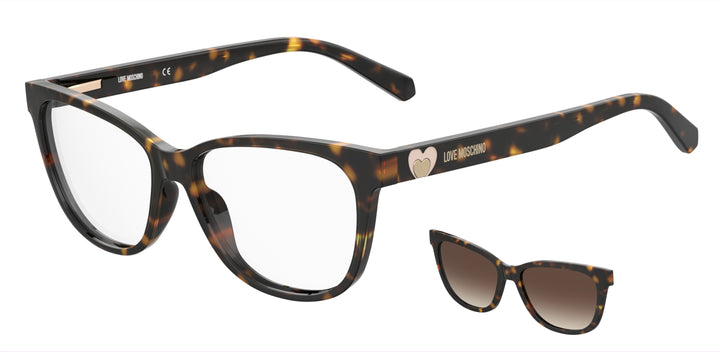 LOVE MOSCHINO MOL052/CS havana, vista de tres cuartos con clip solar separado 