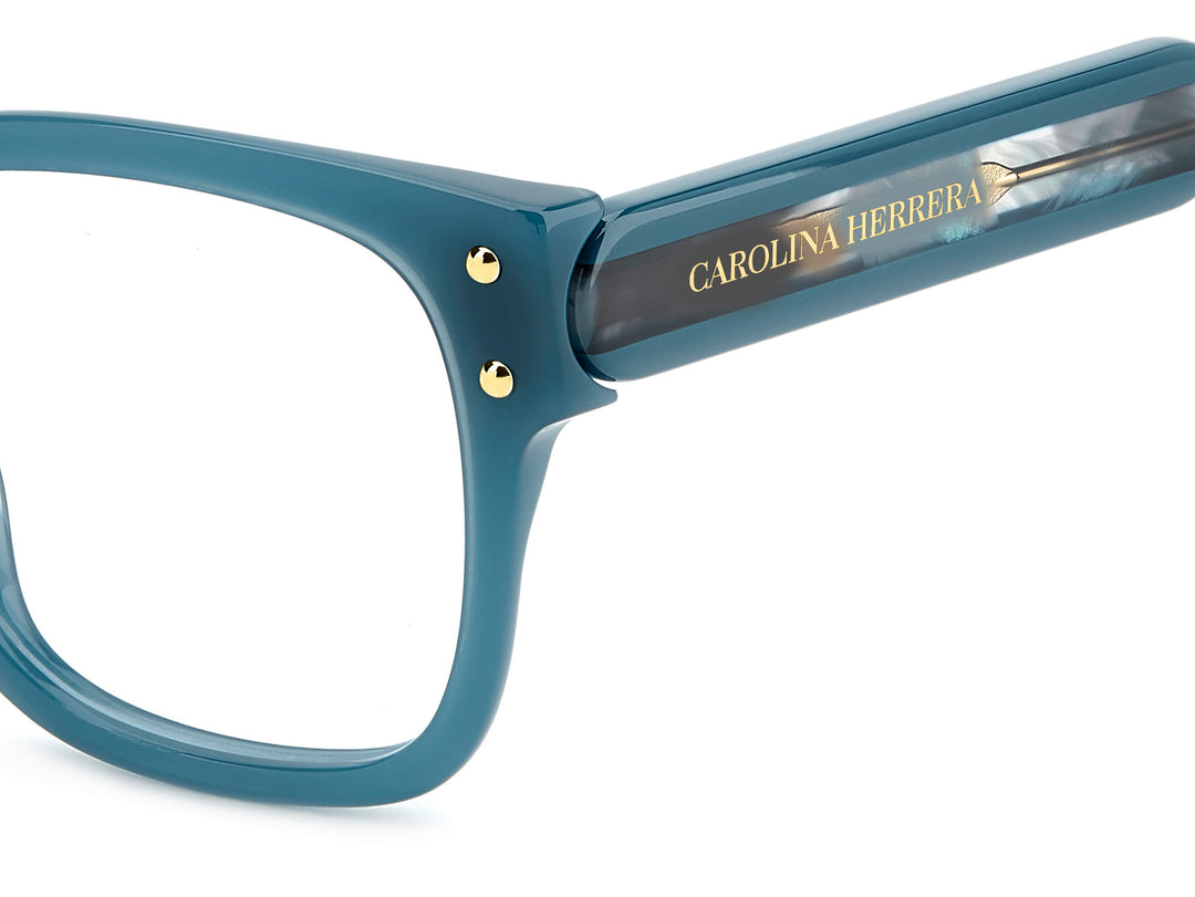 CAROLINA HERRERA HER 0367 azul, detalle del logotipo y la bisagra 