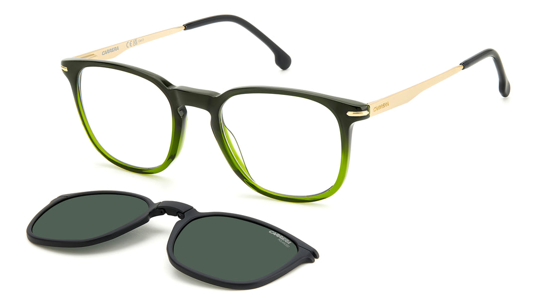 CARRERA CA 332/CS verde oliva y dorado, vista principal de tres cuartos con clip solar separado #color_4c3