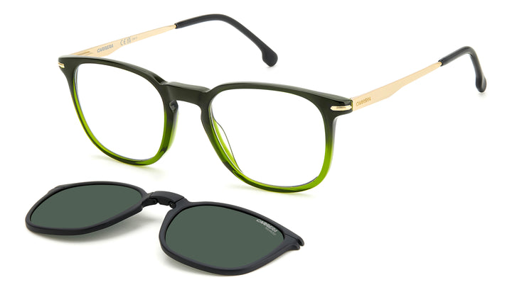 CARRERA CA 332/CS verde oliva y dorado, vista principal de tres cuartos con clip solar separado 