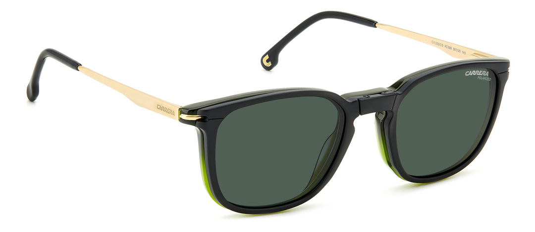 CARRERA CA 332/CS verde oliva y dorado, ángulo alternativo con clip solar montado 