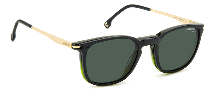 CARRERA CA 332/CS verde oliva y dorado, ángulo alternativo con clip solar montado 