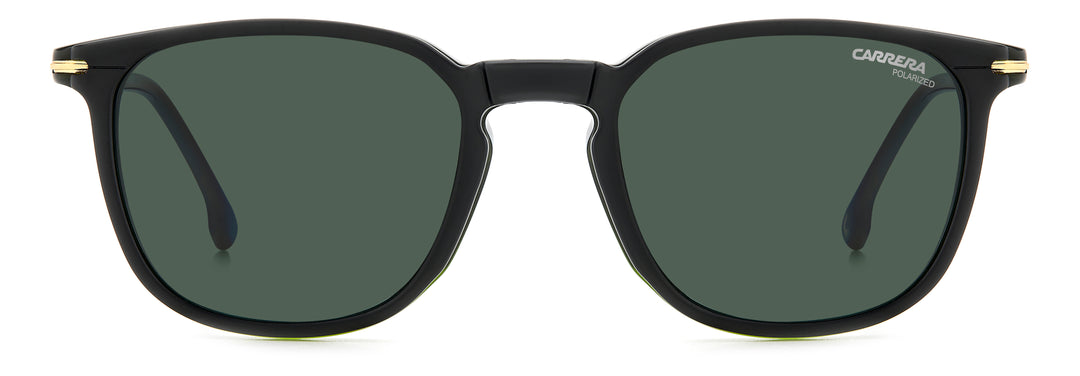 CARRERA CA 332/CS verde oliva y dorado, vista frontal con clip solar montado 
