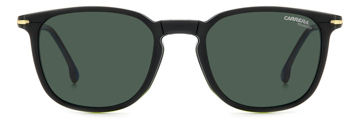 CARRERA CA 332/CS verde oliva y dorado, vista frontal con clip solar montado 