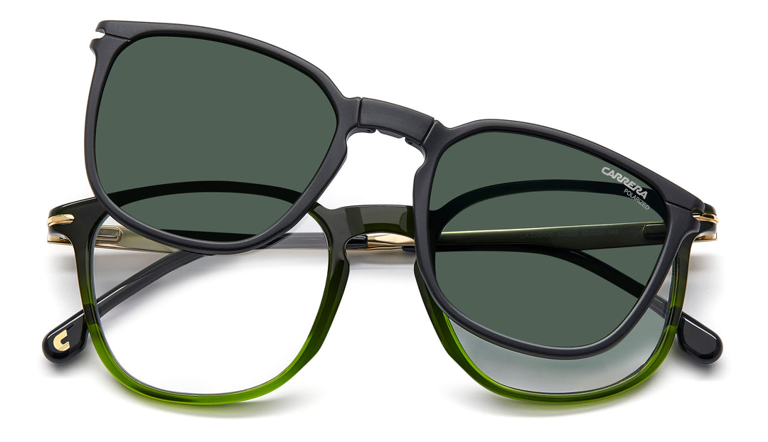 CARRERA CA 332/CS verde oliva y dorado, vista frontal con clip solar levantado 