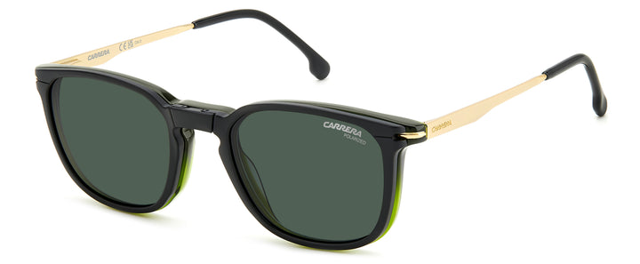 CARRERA CA 332/CS verde oliva y dorado, vista de tres cuartos con clip solar montado 