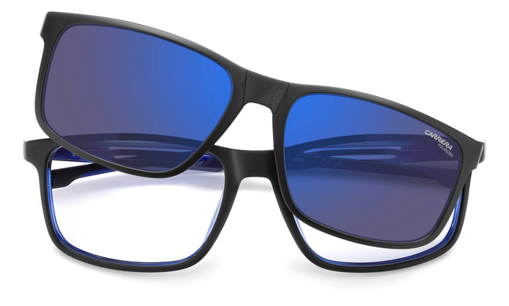 CARRERA CA 8933/C azul, vista frontal con varillas plegadas y clip solar levantado 