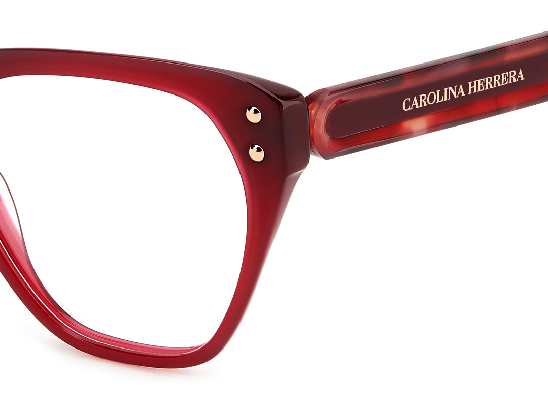 CAROLINA HERRERA HER 0223 burdeos y havana, detalle del logotipo y la bisagra 