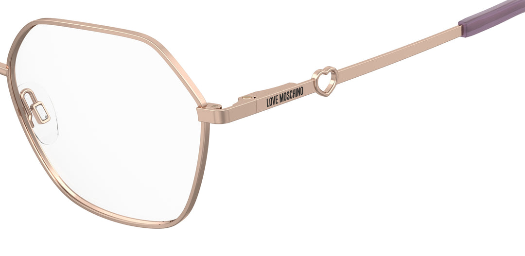 LOVE MOSCHINO MOL650 dorado y cobre, detalle del logotipo y la bisagra 