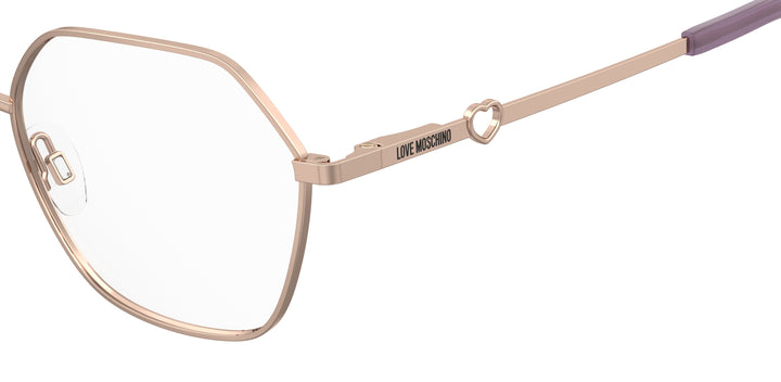 LOVE MOSCHINO MOL650 dorado y cobre, detalle del logotipo y la bisagra 