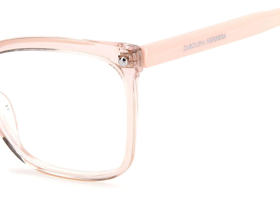 CAROLINA HERRERA HE0012 rosa nude, detalle del logotipo y la bisagra 