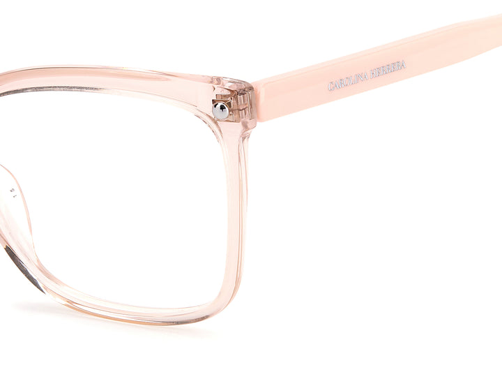 CAROLINA HERRERA HE0012 rosa nude, detalle del logotipo y la bisagra 