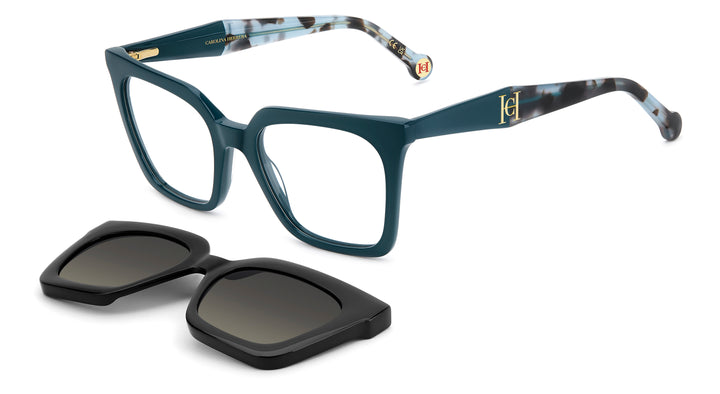 CAROLINA HERRERA HER 0376/C verde azulado, vista principal de tres cuartos con clip solar separado 
