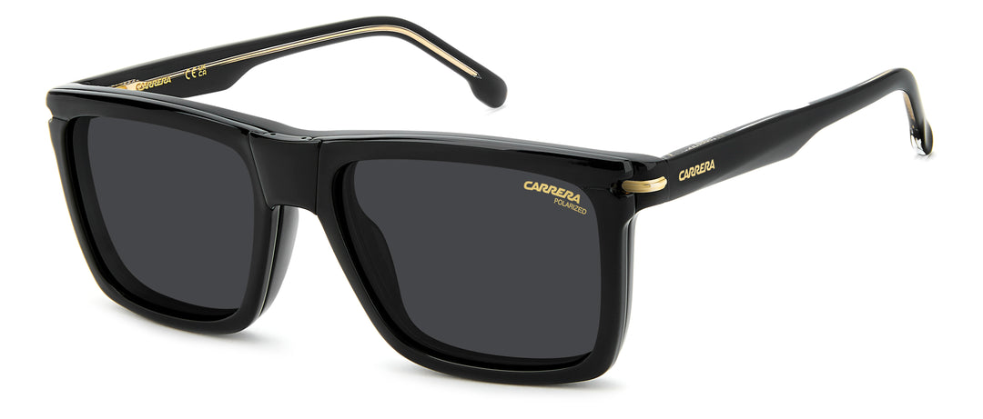 CARRERA CA 387/C negro, vista de tres cuartos con clip solar montado 