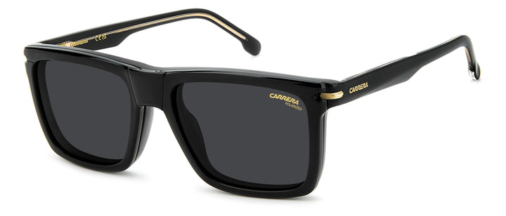 CARRERA CA 387/C negro, vista de tres cuartos con clip solar montado 