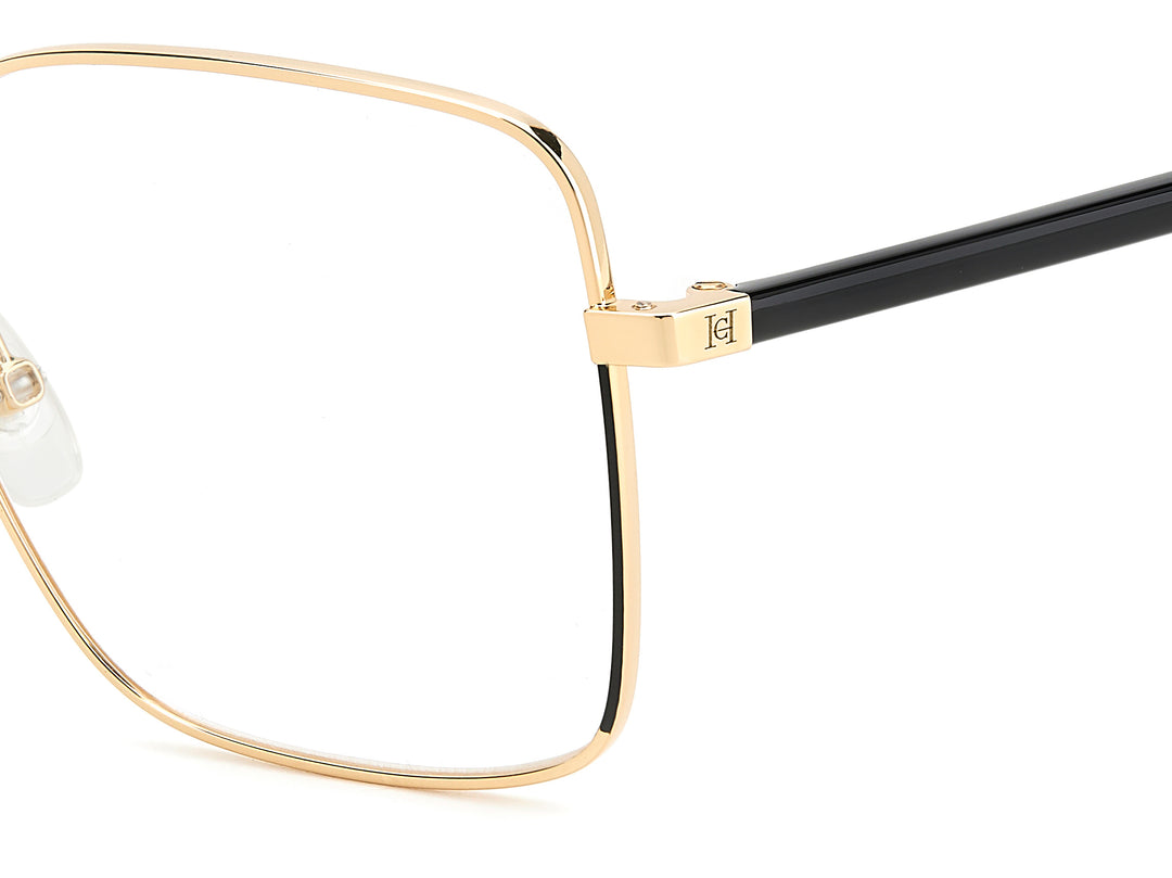 CAROLINA HERRERA HE0248 dorado y negro, detalle del logotipo y la bisagra 