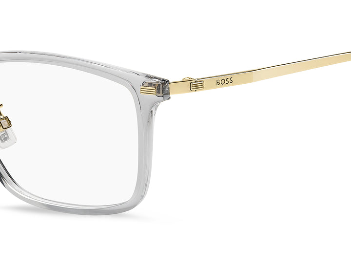 BOSS 1796/F gris y dorado, detalle del logotipo y la bisagra 