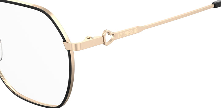 LOVE MOSCHINO MOL614 negro y dorado, detalle del logotipo y la bisagra 