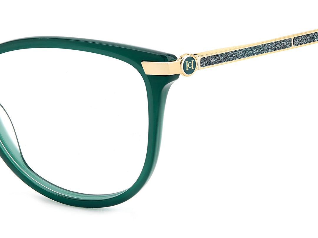 CAROLINA HERRERA HE0263 verde, detalle del logotipo y la bisagra 