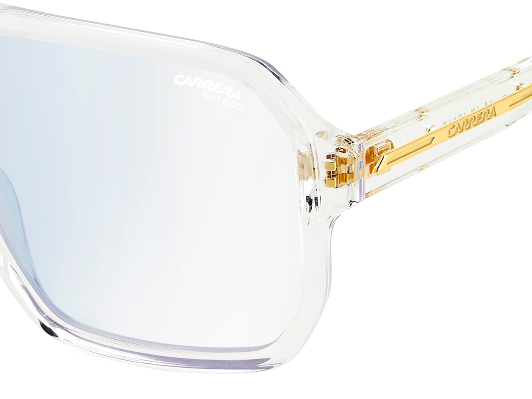 CARRERA CA VICTORY C 01/BB transparente y dorado, detalle del logotipo y la bisagra 