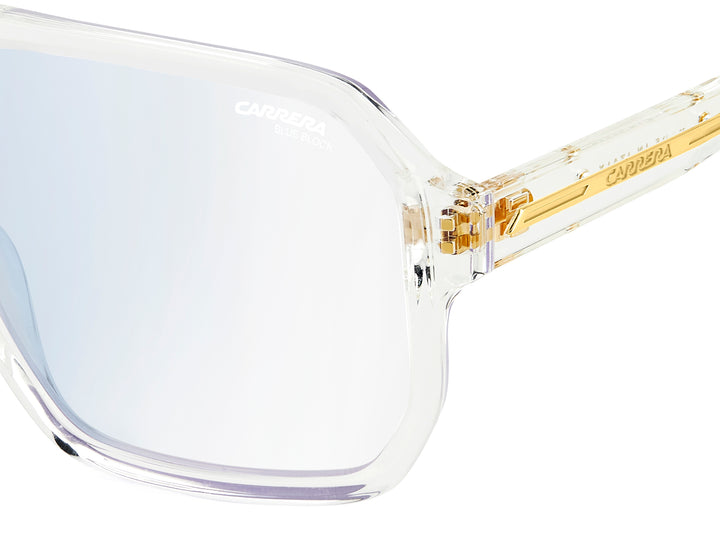 CARRERA CA VICTORY C 01/BB transparente y dorado, detalle del logotipo y la bisagra 