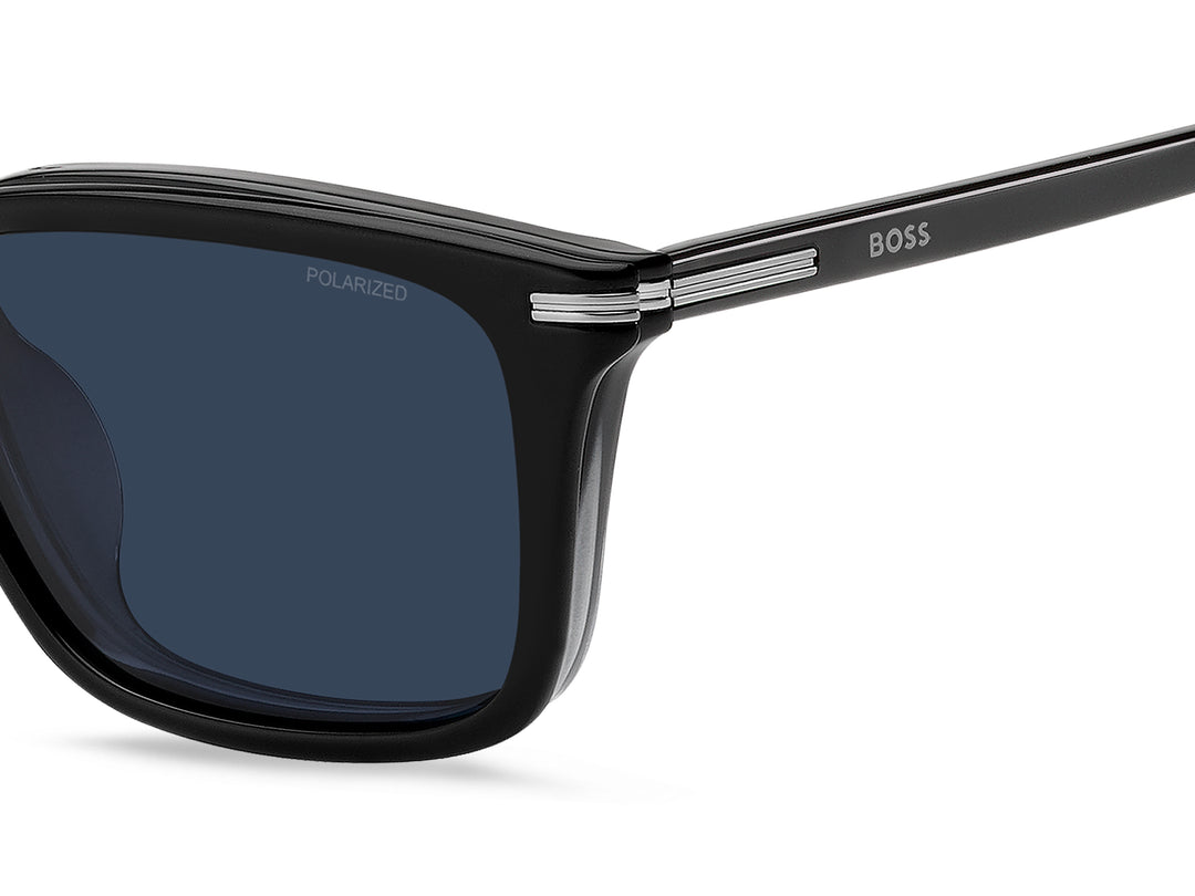 BOSS 1847/G/C negro degradado a gris, detalle del logotipo y la bisagra 